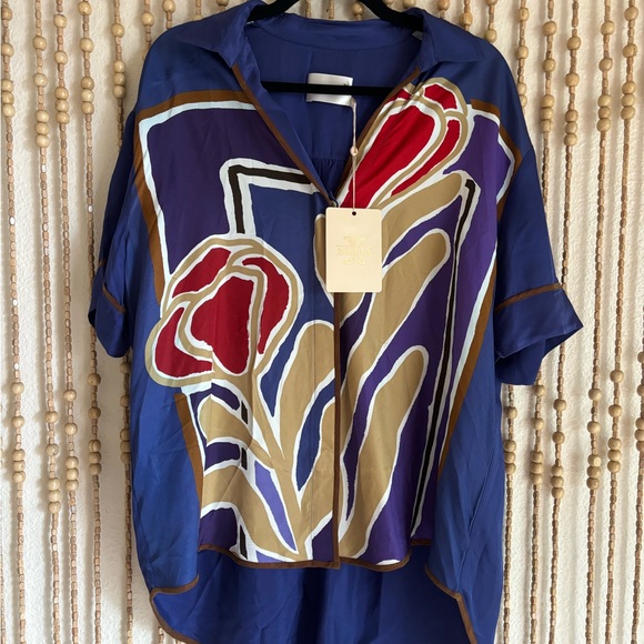 NWT Sancia Khoen Floral Abstract Boho Silky Button Down Short Sleeve Blouse Sm